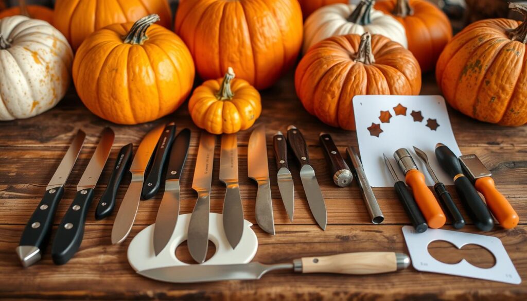 A collection of pumpkin carving tools arranged neatly on a wooden table, featuring various sized carving knives, a scooping tool, detailers, and stencils, alongside several colorful pumpkins in different shapes and sizes in the background, with a warm autumn ambiance.