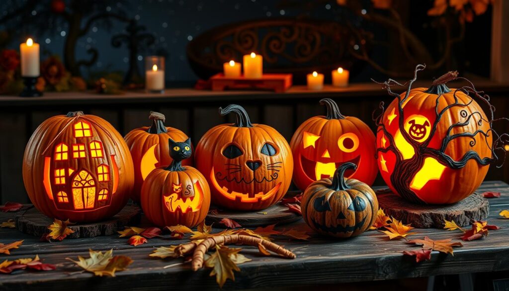 A whimsical scene showcasing various creatively carved pumpkins with intricate designs, including a haunted house, a spooky cat, and a whimsical tree, all displayed on a rustic wooden table surrounded by autumn leaves and candles flickering in the background, under a starry night sky.