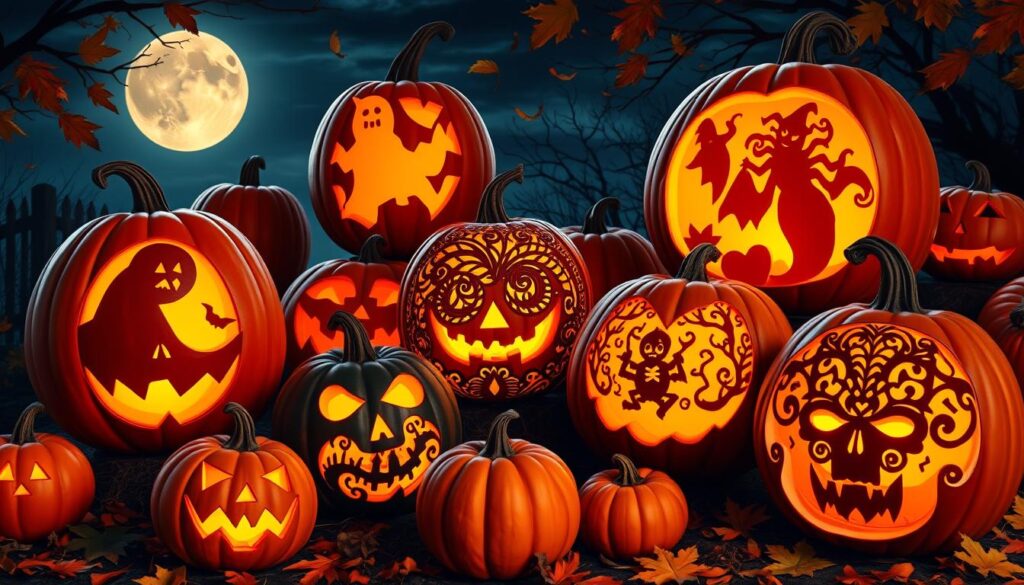 A collection of intricately carved jack-o-lanterns featuring traditional Halloween motifs, including spooky faces, ghostly silhouettes, and intricate patterns, set against a moonlit night sky with autumn leaves scattered around, showcasing vibrant orange pumpkins in various shapes and sizes.