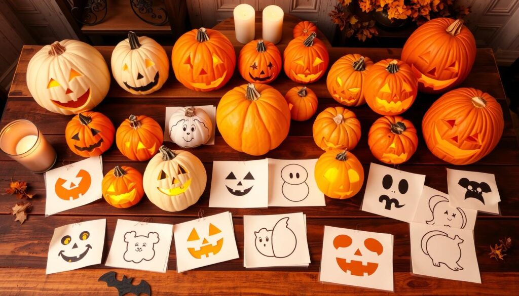 A collection of various easy pumpkin carving patterns displayed on a wooden table, featuring simple designs like smiling faces, stars, and spooky outlines, in a cozy autumn setting with candles and fall leaves around, showcasing the creative process of Halloween fun.