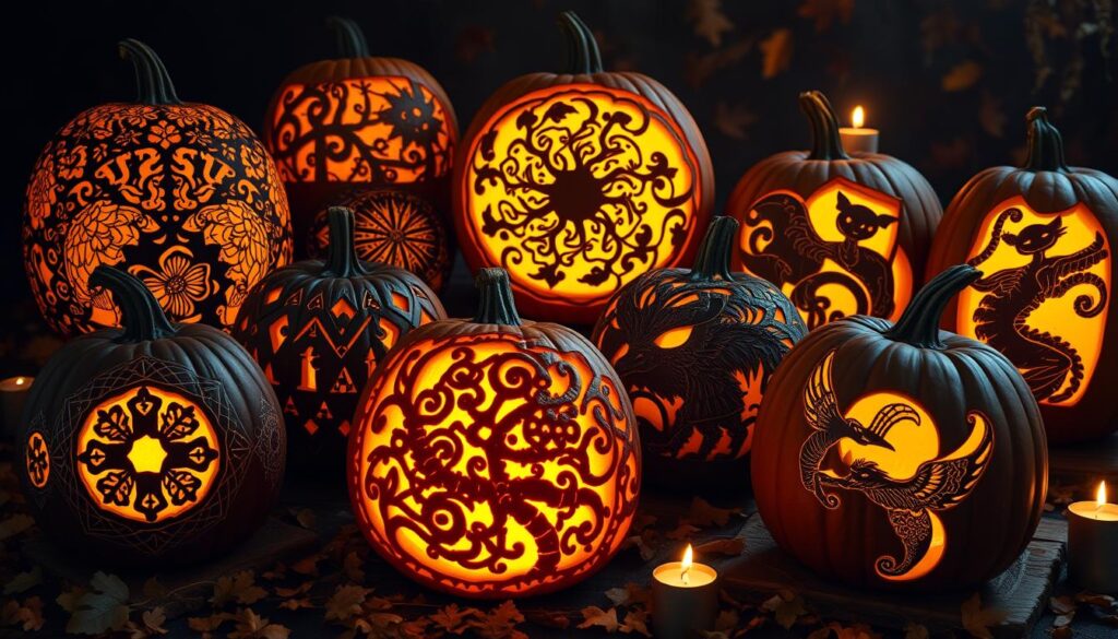 A collection of intricate pumpkin carvings, showcasing a variety of detailed and complex designs, featuring gothic patterns, floral motifs, and whimsical creatures, all illuminated by soft candlelight, set against a dark autumn backdrop with falling leaves.